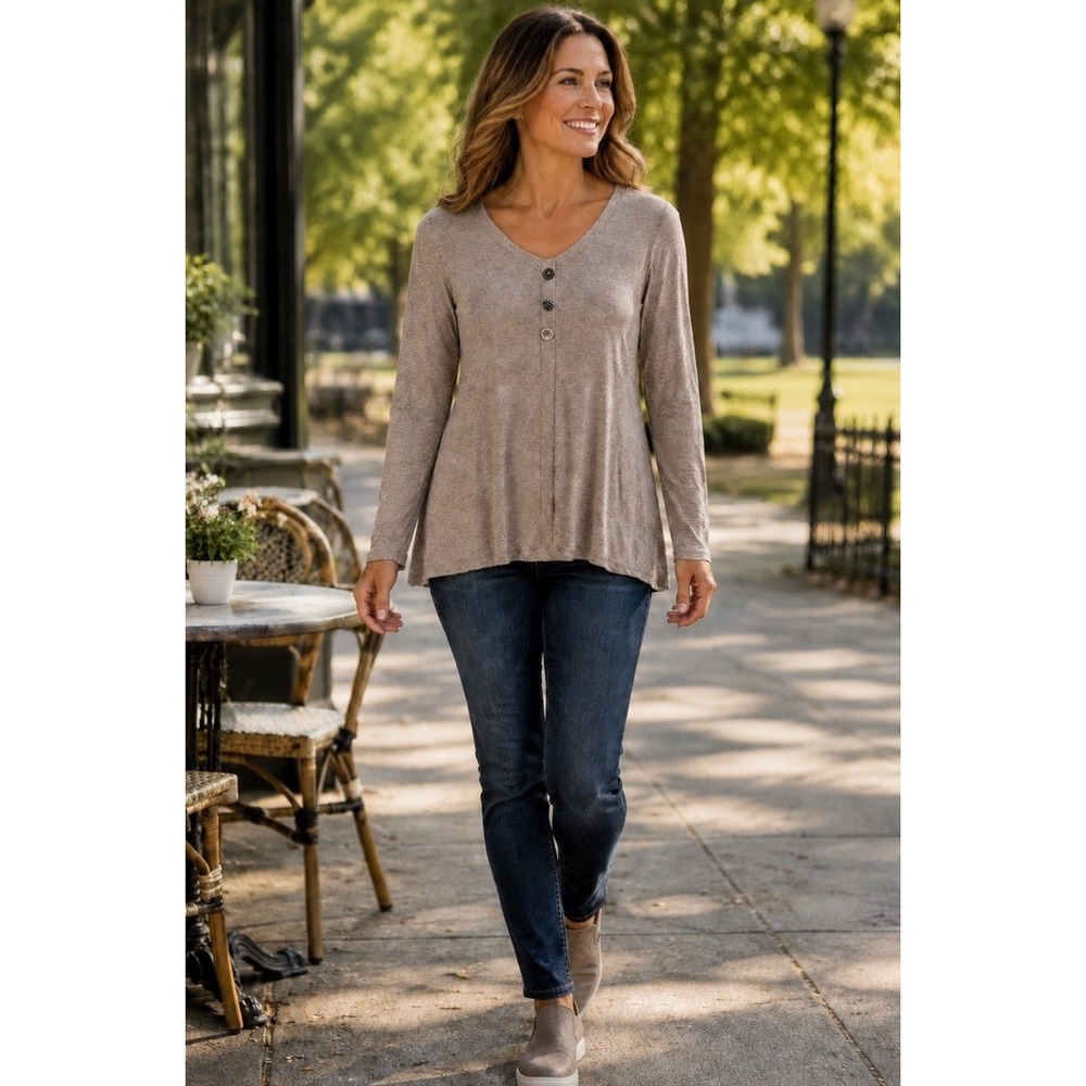 Soft Surroundings  M Maddalena Long Sleeve Tunic Top Brown Designer Buttons Lace